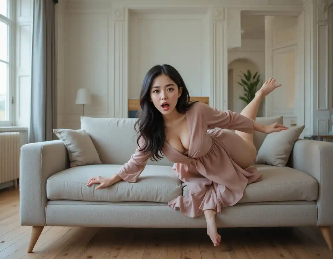 Asian girl slipping off sofa in modern living room
