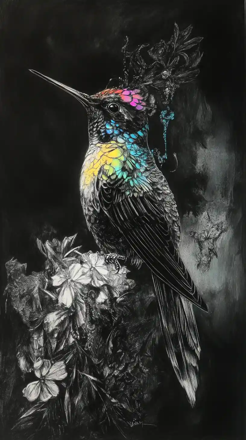 Surreal Charcoal Hummingbird With Glowing Iridescent Feathers