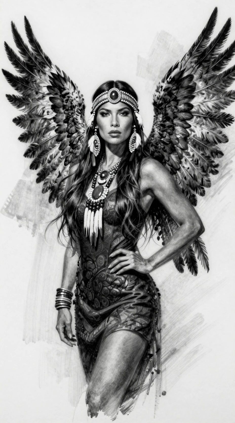 Charcoal portrait of a Native American woman with feathered wings