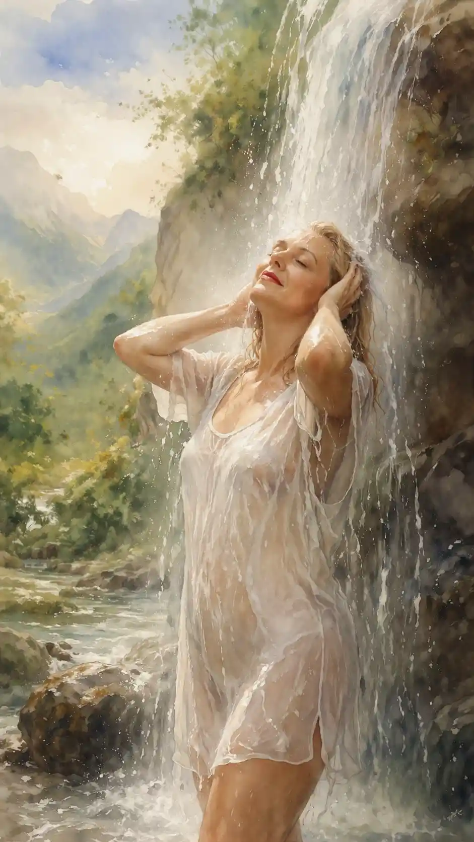 Woman smiling under a waterfall in soft watercolor scene