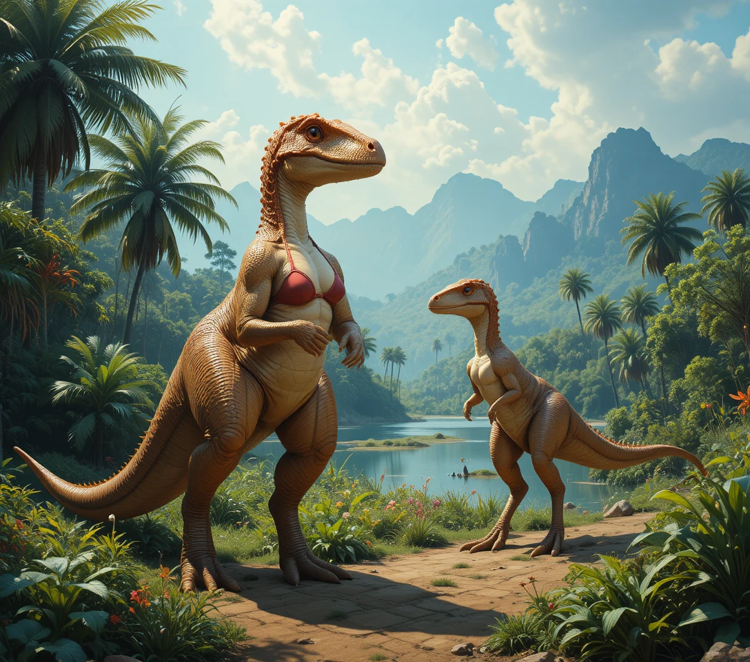 Two vigilant velociraptors beside a misty jurassic swamp