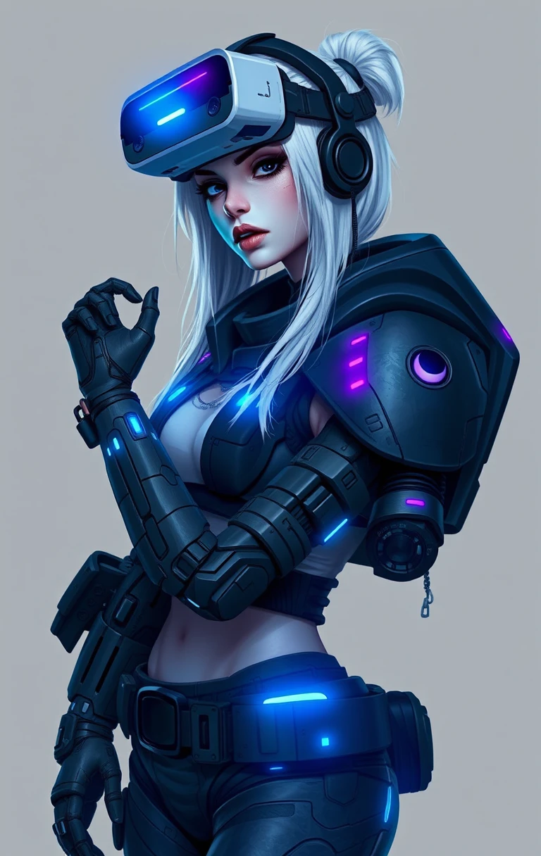 Futuristische Frau mit kybernetischem Arm und VR-Headset