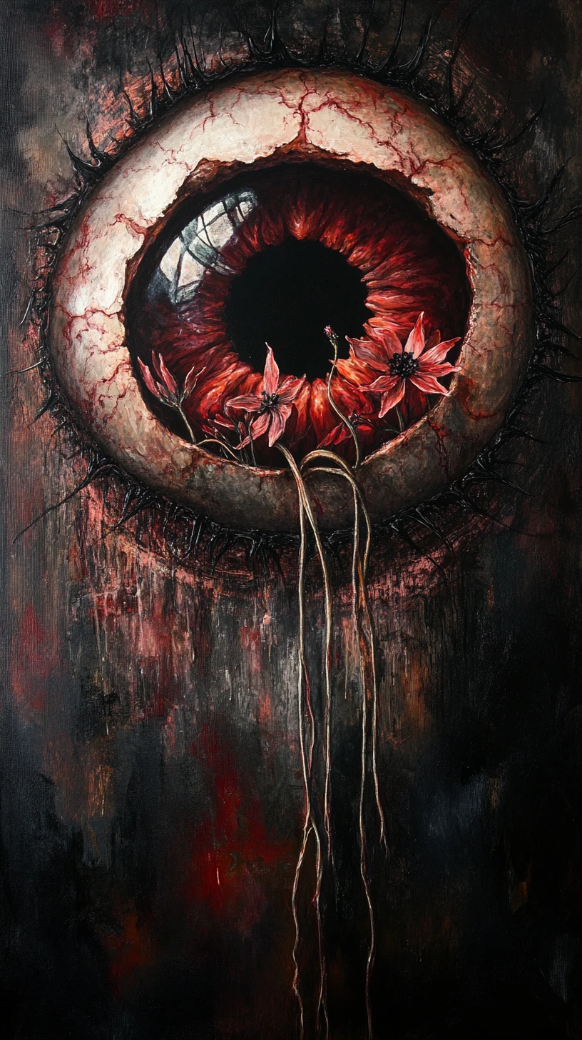 Surreal botanical eye split open with seeds and flowers