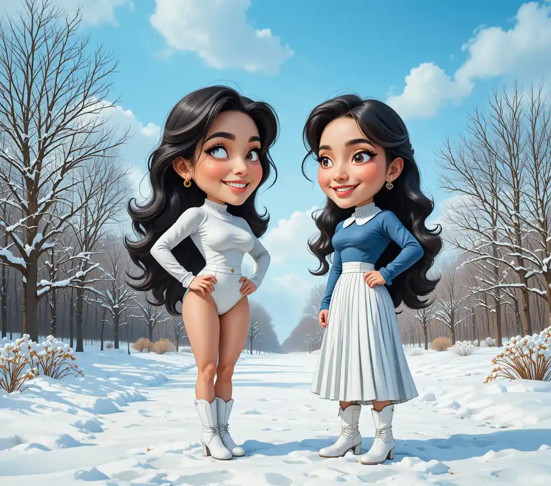 Two young women in a soft light snowy winter landscape