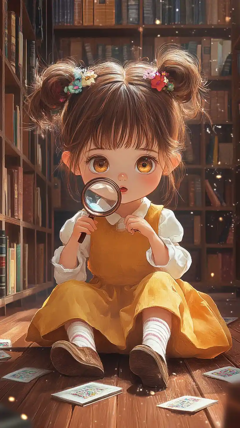 Chibi girl with magnifying glass in a cozy library aisle
