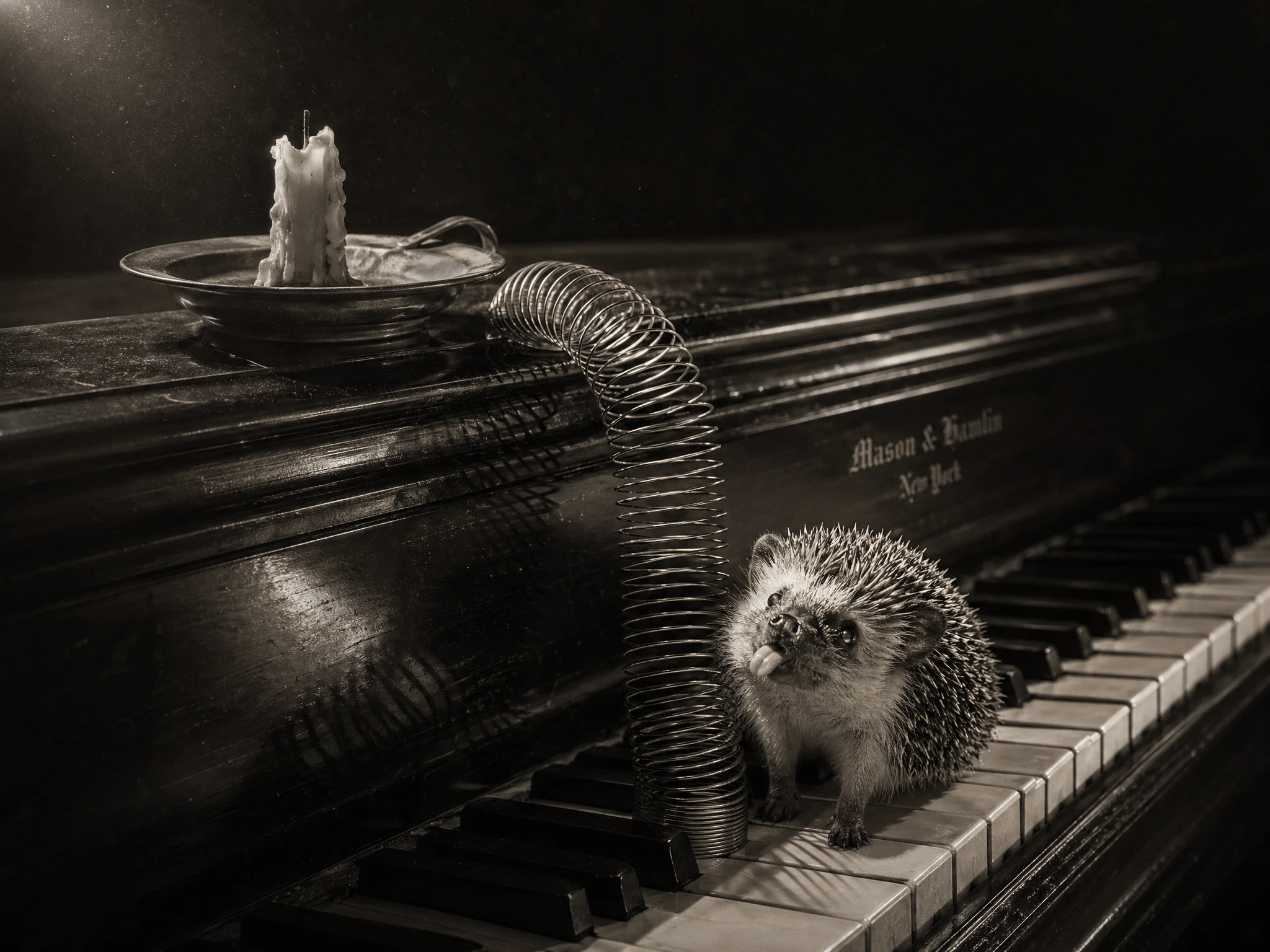 Slinky beginning to descend from a piano lid onto keys