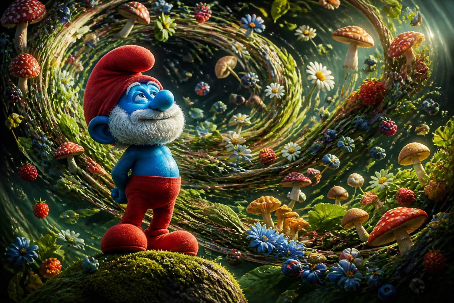 Personaje de fantasía azul real entre formas orgánicas fluidas