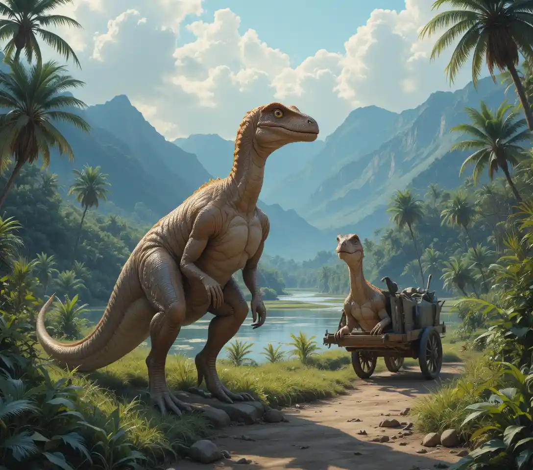 Due velociraptor presso una palude preistorica avvolta nella nebbia