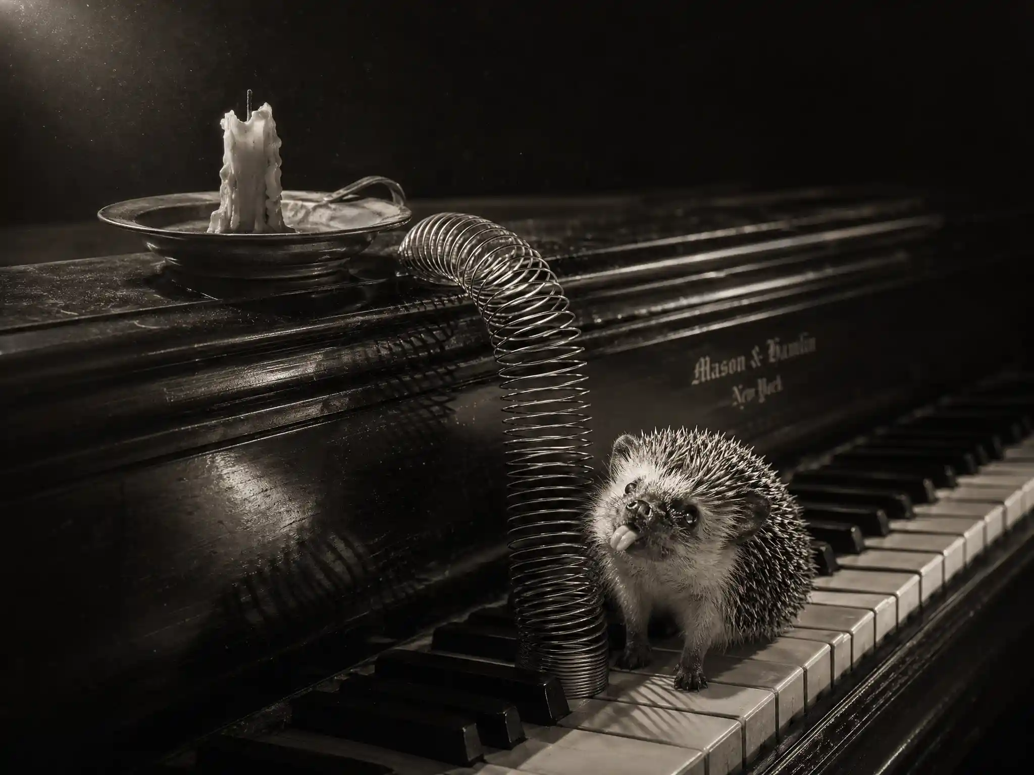 Slinky beginning to descend from a piano lid onto keys