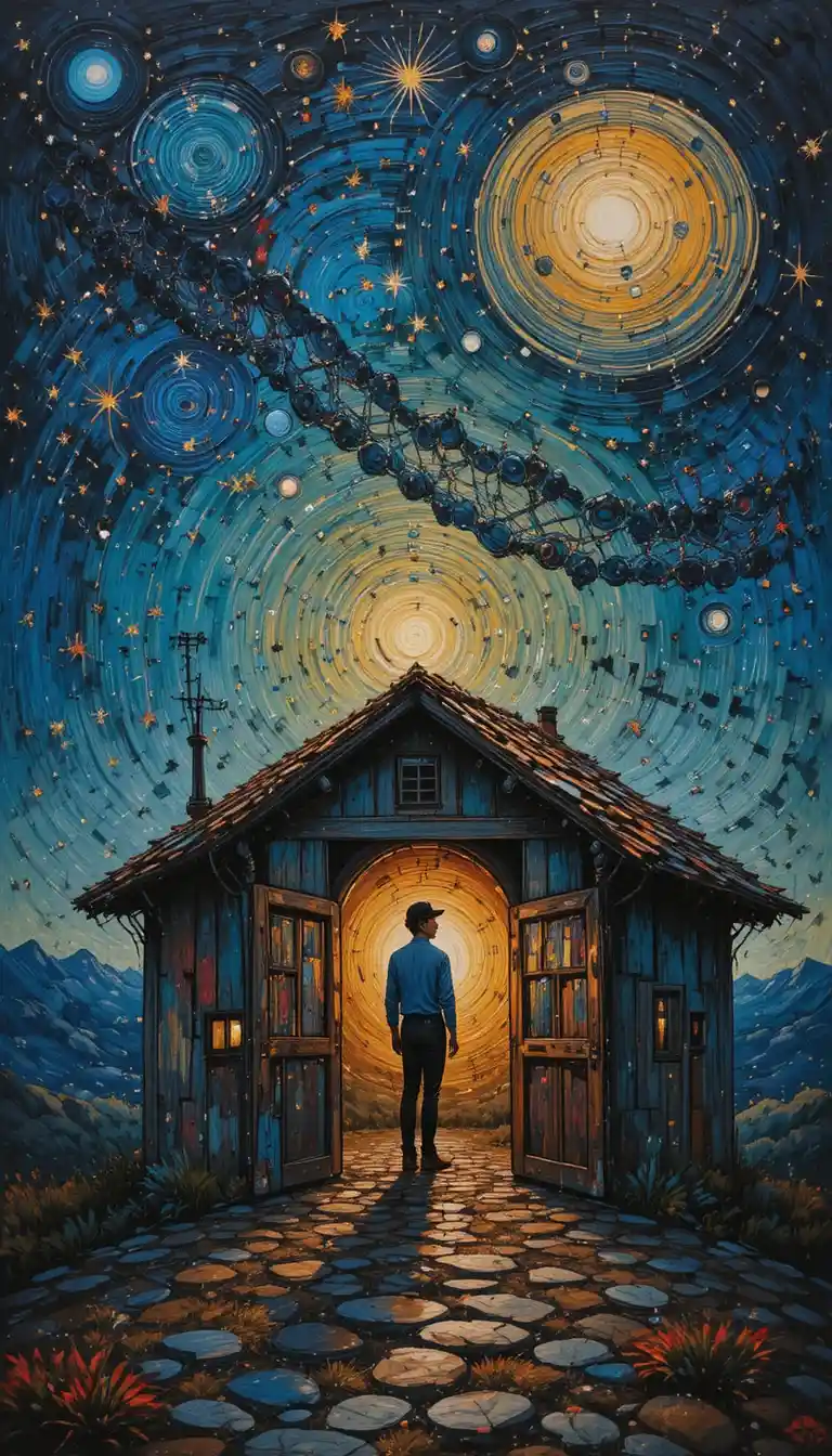 Man Standing In Old Backyard Under A Star Filled Sky