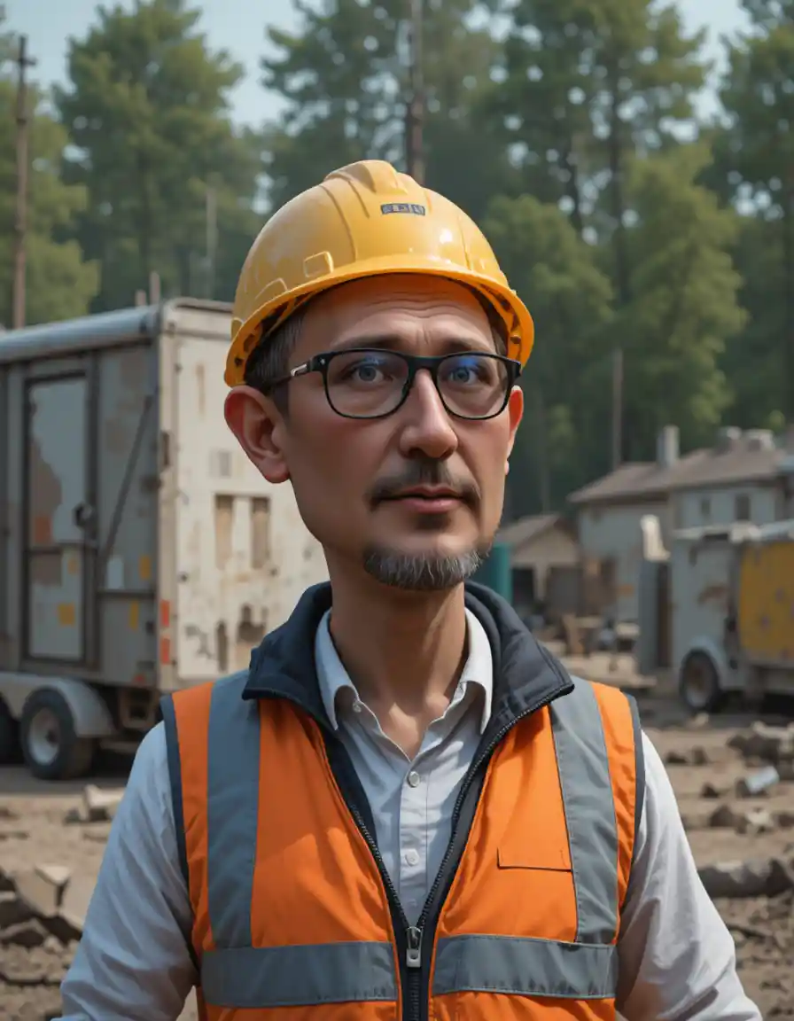 Surprised construction worker with yellow hard hat and vest