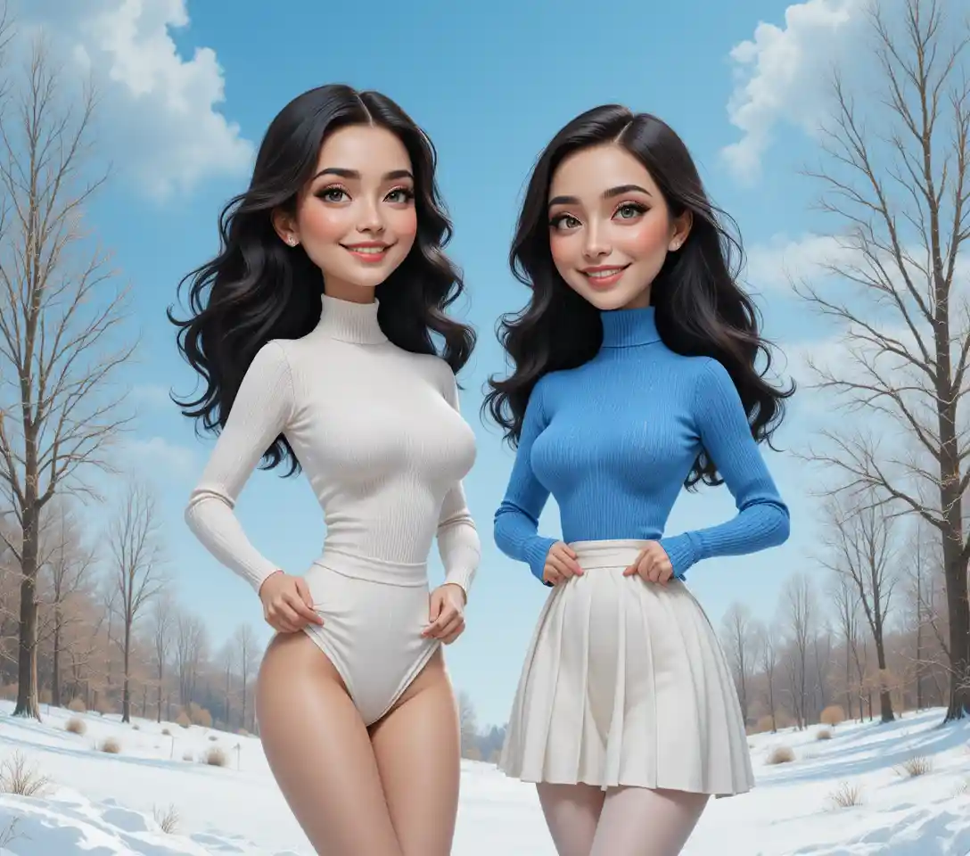 Two young women in a serene snowy winter landscape