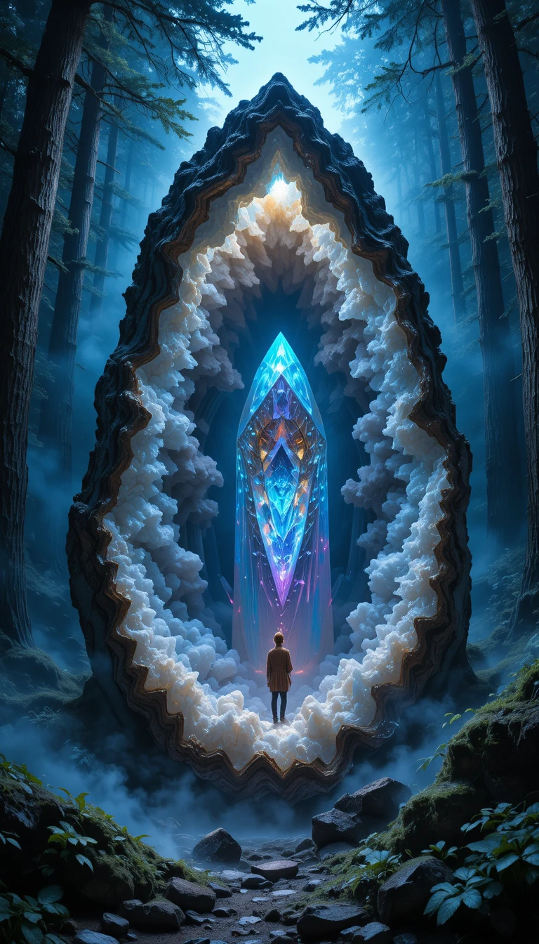 Glowing crystal geode in a mysterious dark forest