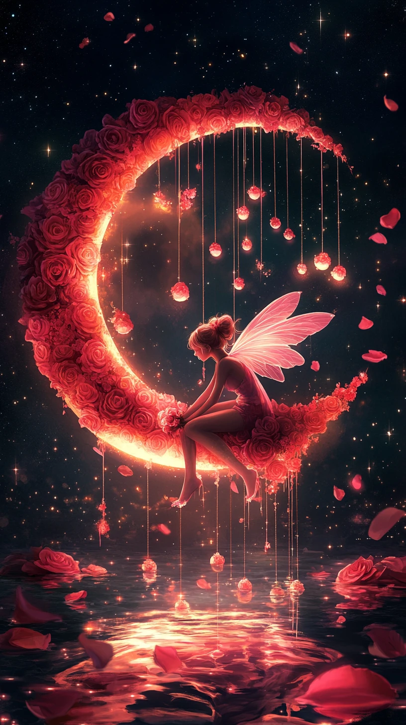 Fairy Resting On Rose Covered Crescent Moon Over Water