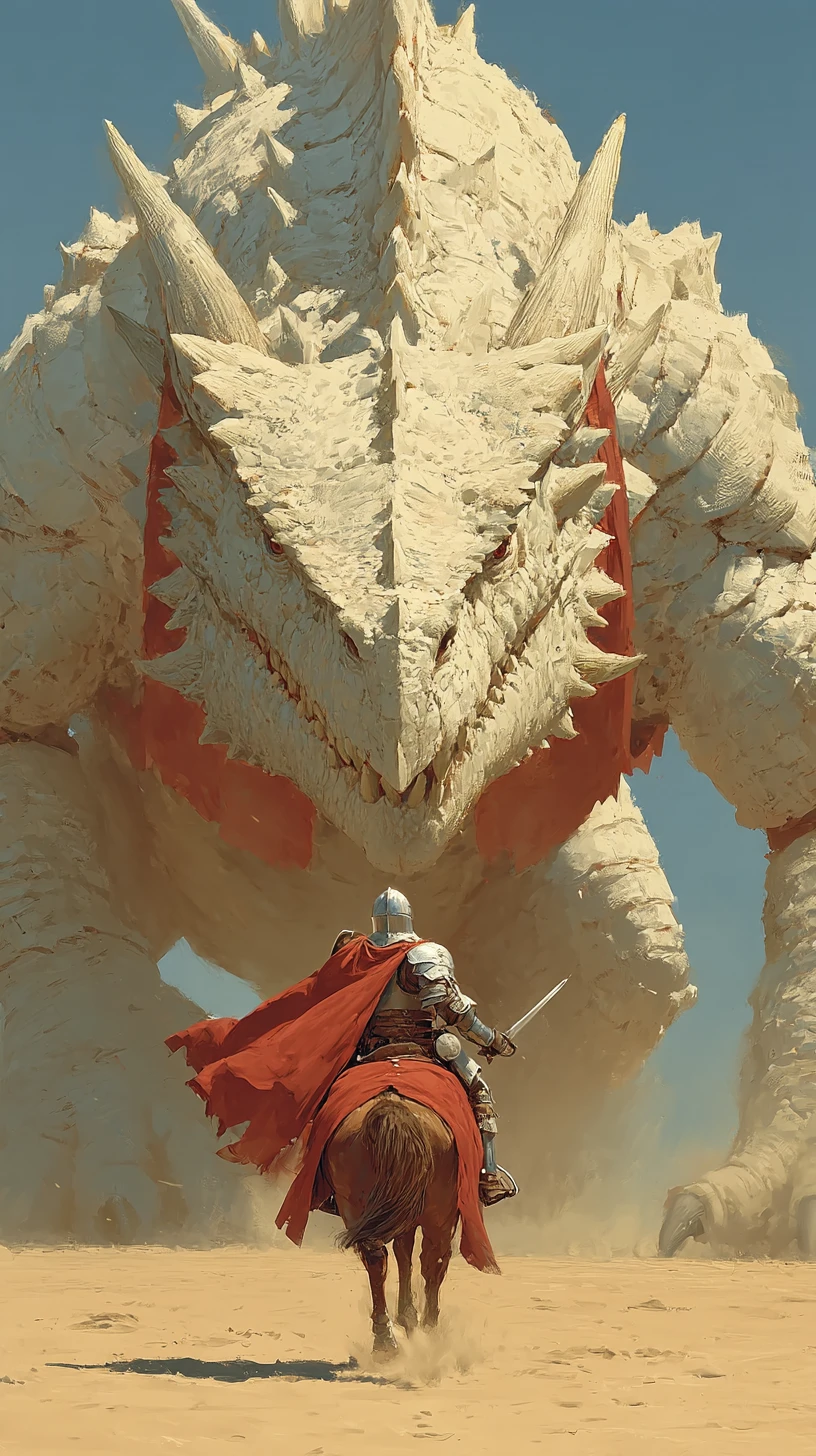 Caballero con armadura cargando contra un dragón colosal al borde del acantilado