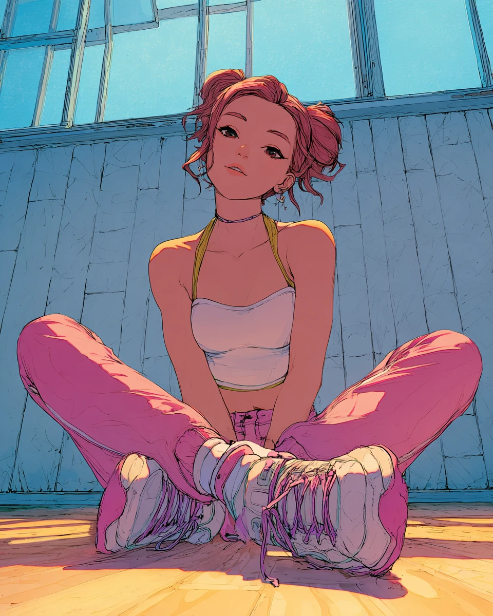 Linda chica de anime con moda veraniega femenina en pose sentada
