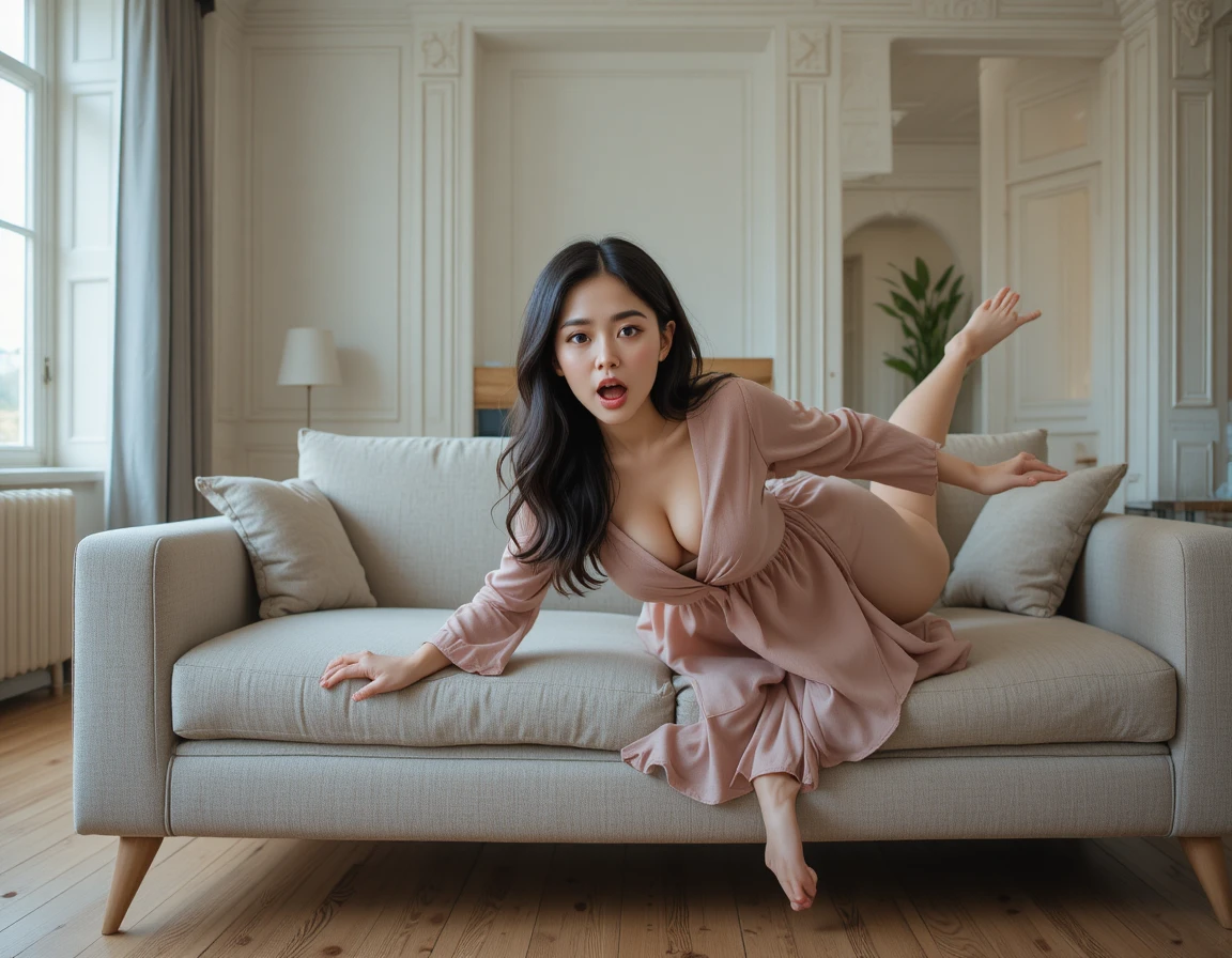 Asian girl slipping off sofa in modern living room
