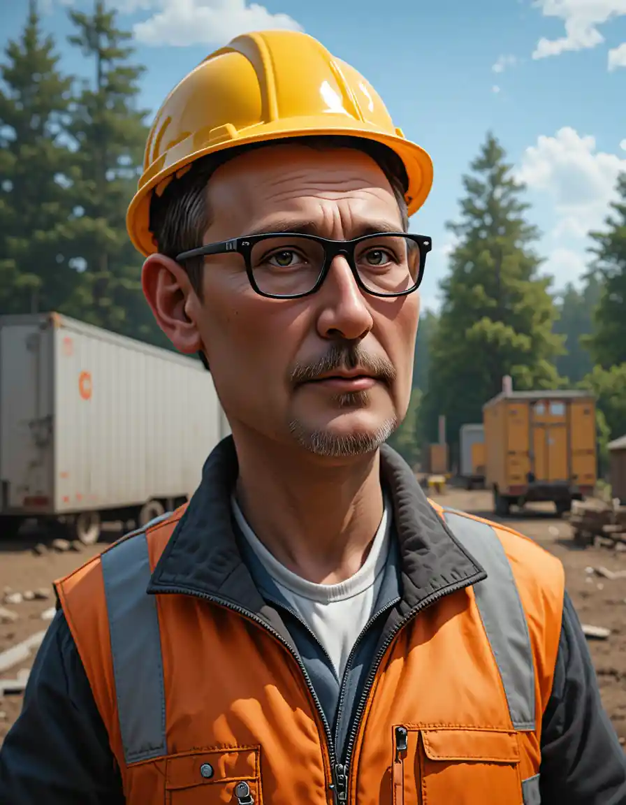 Construction worker in safety gear with surprised expression