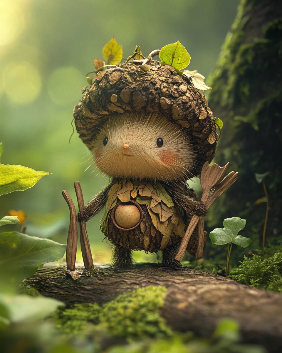 Tiny forest spirit tinkering beside a mossy log