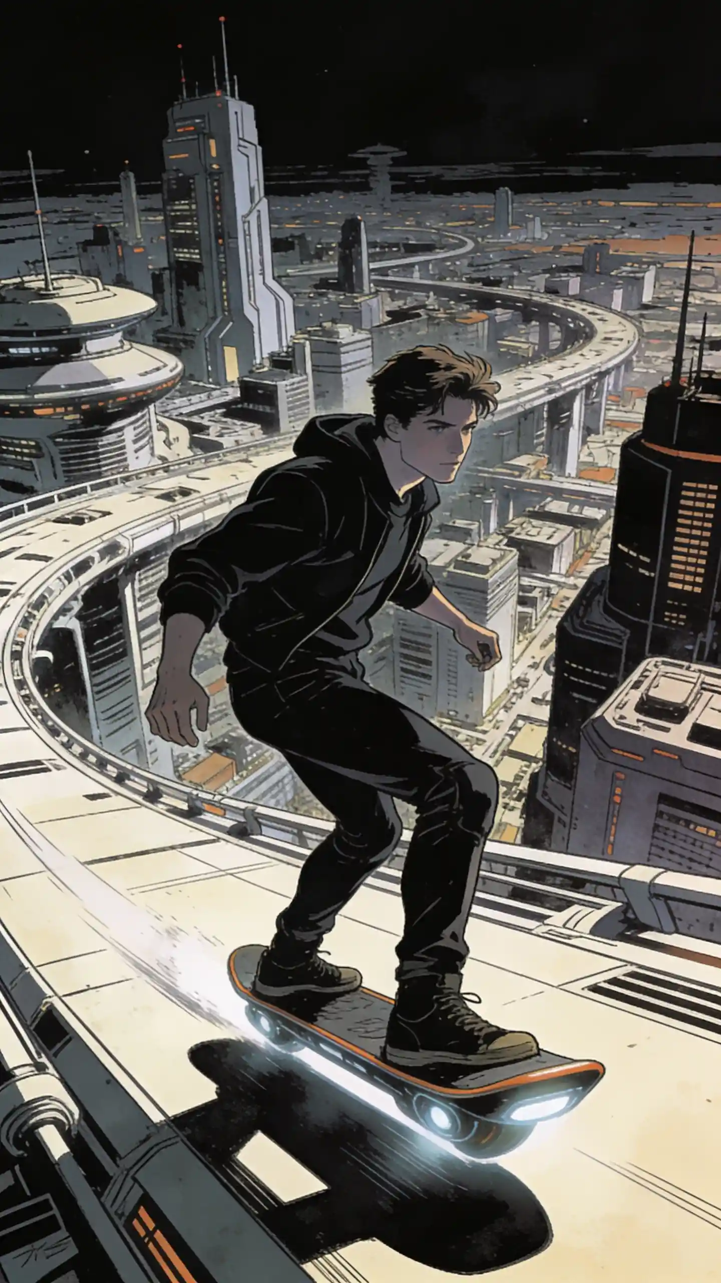 Young man on a hoverboard in a vast futuristic city