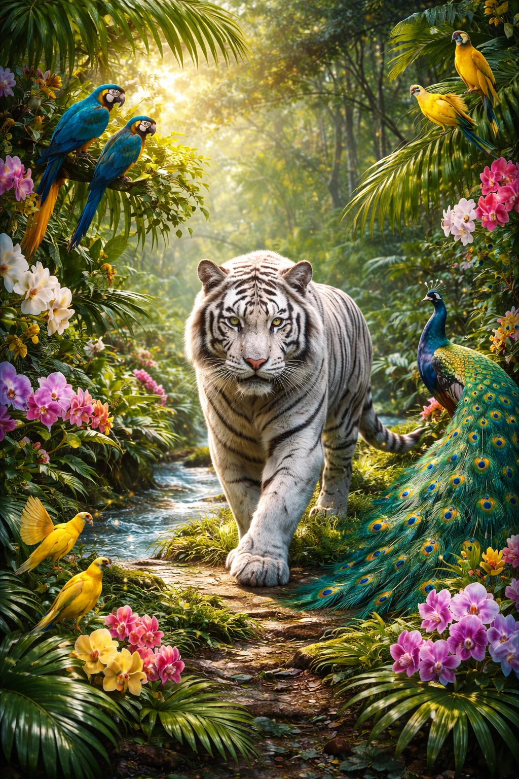 Tigre bianca che cammina in una giungla rigogliosa e verde
