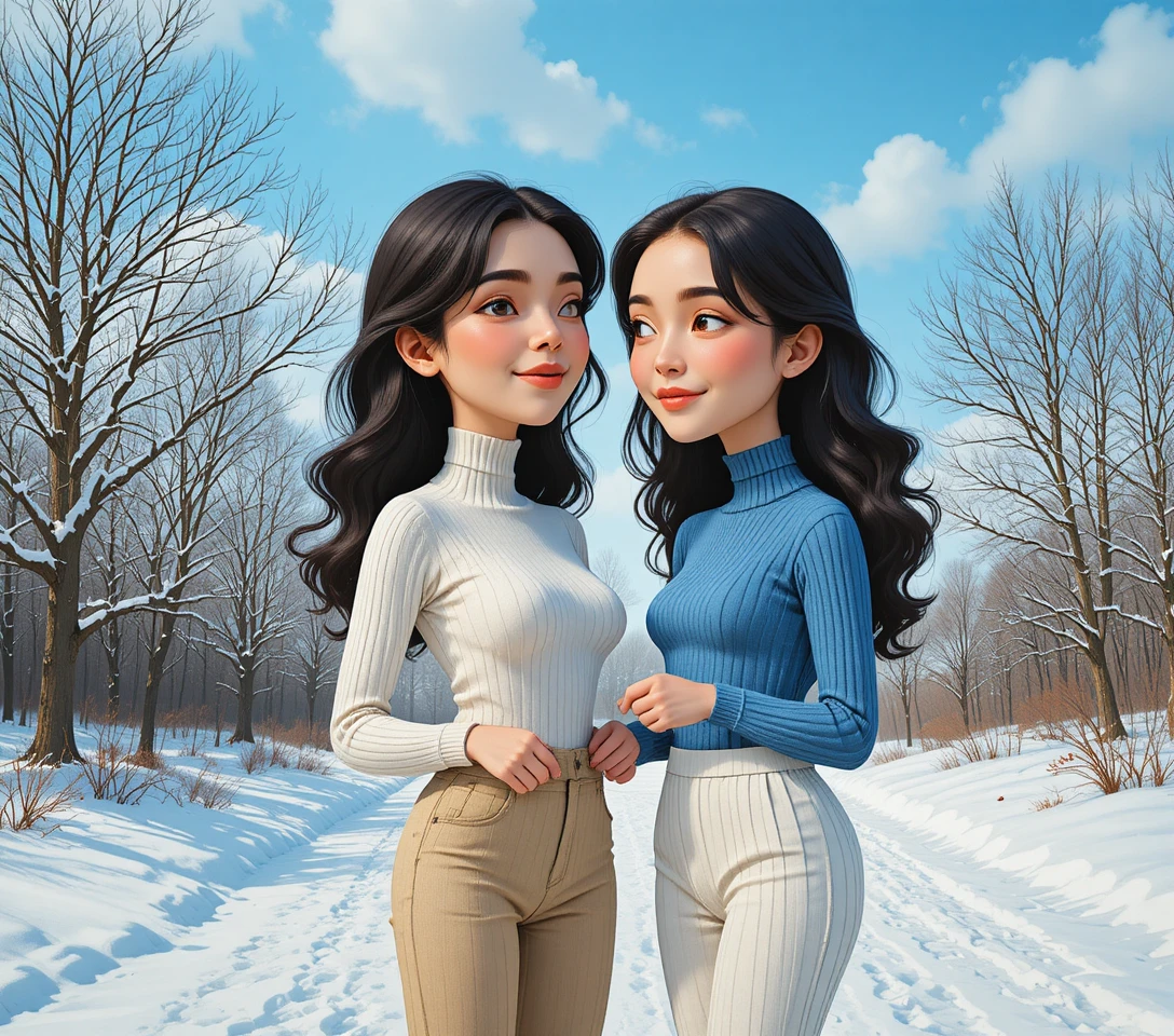 Two young women sharing a tender moment in winter snow