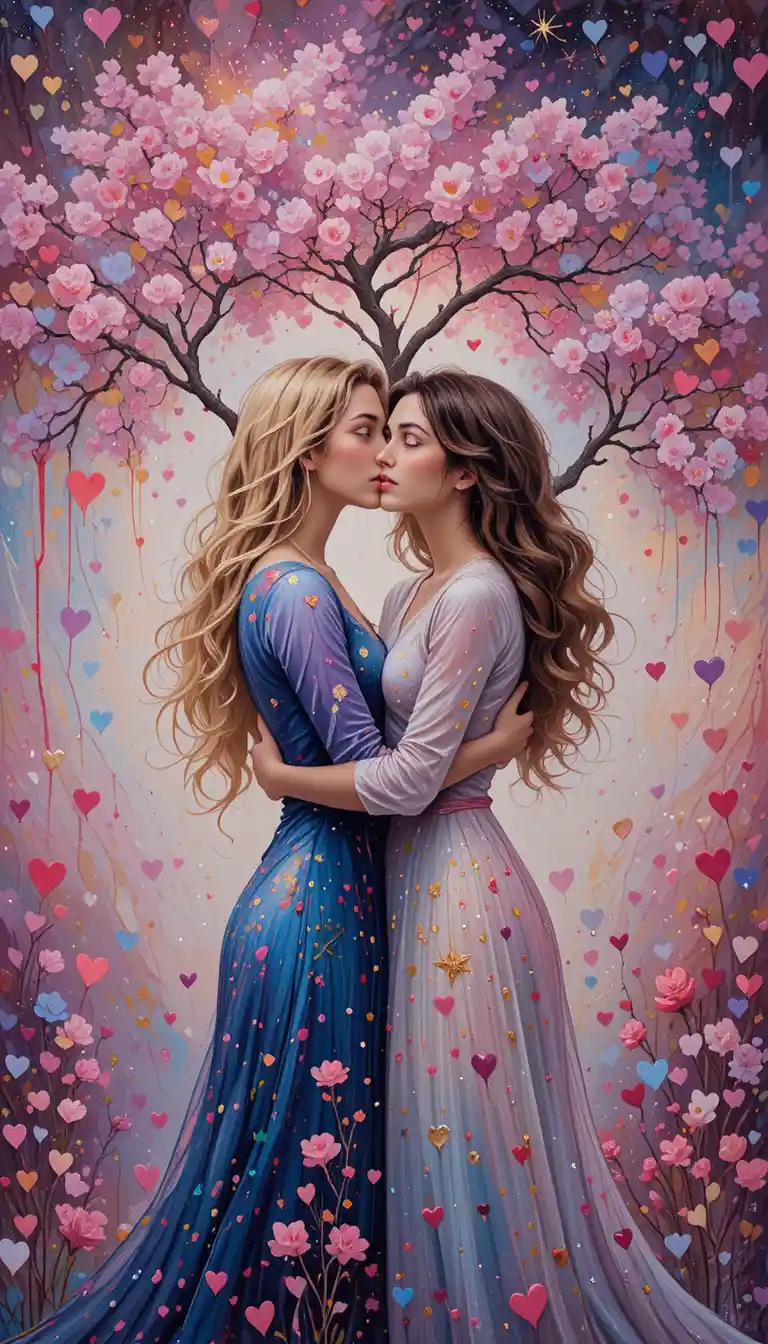 Two young women kissing in a colorful romantic painting