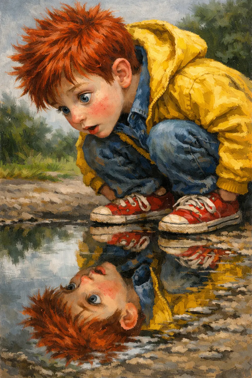 빗물 웅덩이에 비친 자신의 모습을 바라보는 호기심 많은 소년