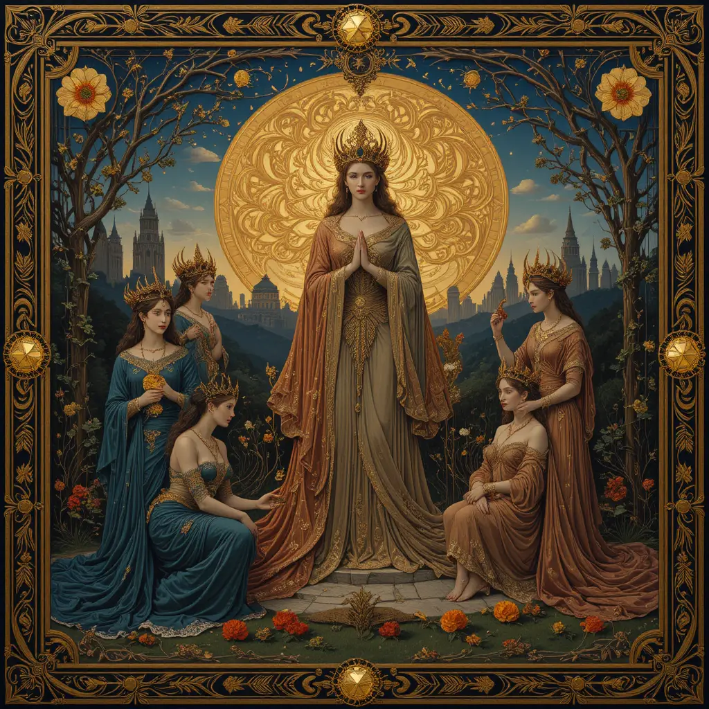 Symbolist painting of mythological figures in glowing twilight