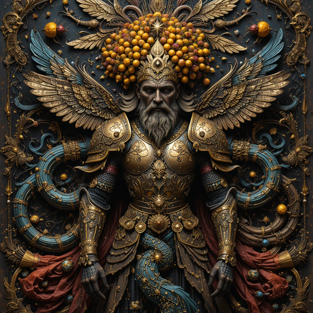 Mystical knight crowned with beehives in surreal tapestry