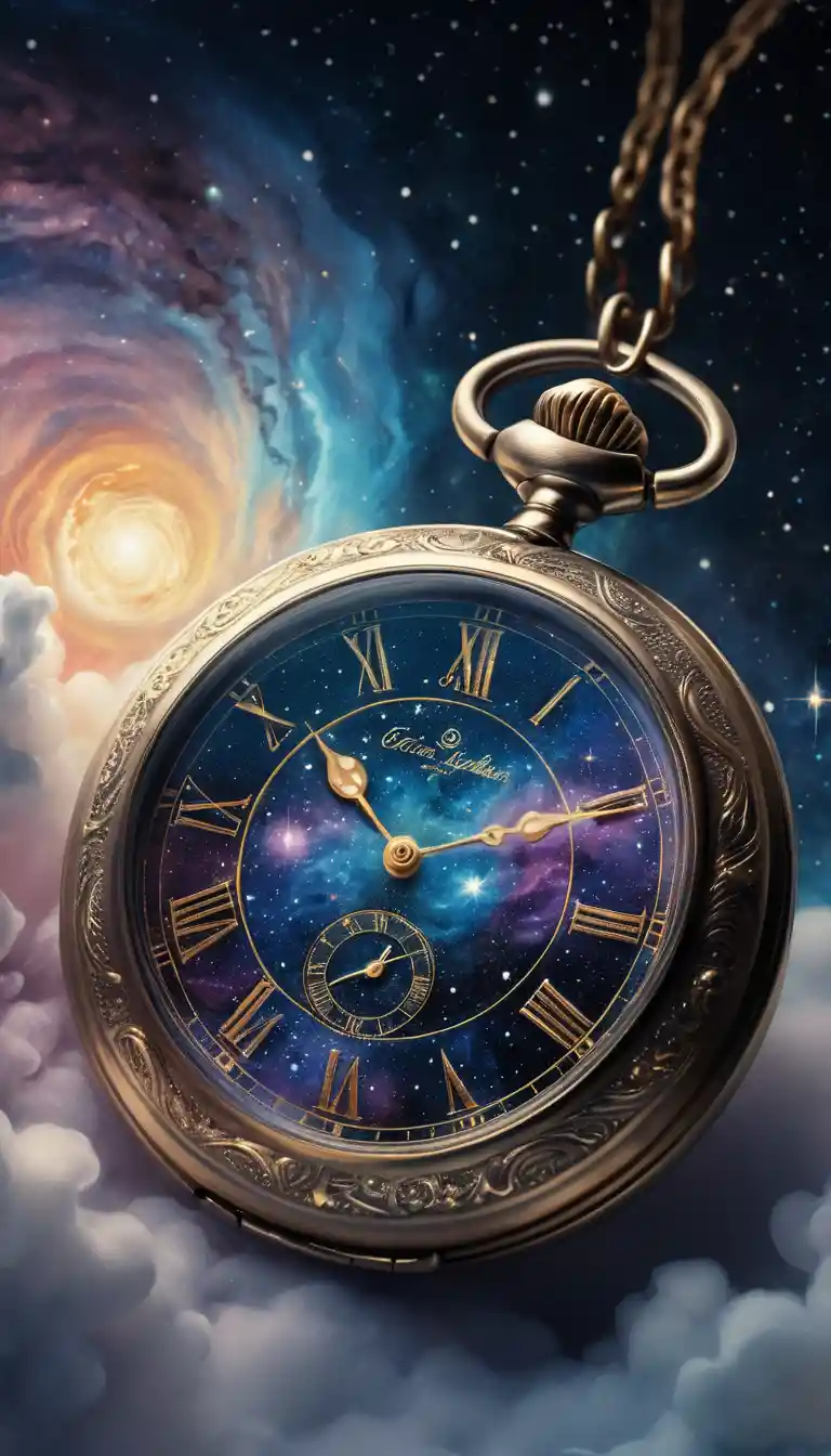 Victorian pocket watch floating in a swirling cosmic nebula