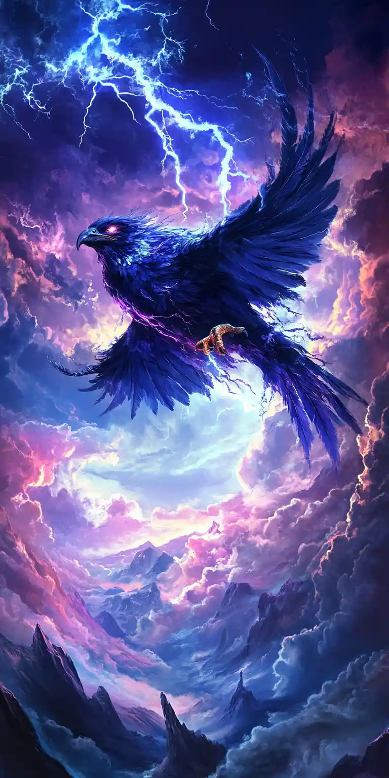 Thunderbird soaring through storm clouds with lightning