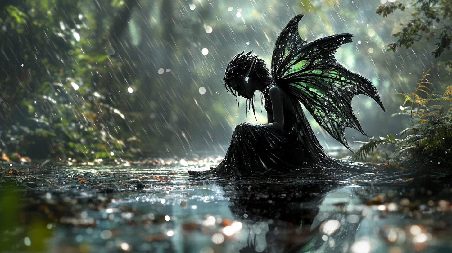 Hada oscura sentada junto a un charco en un bosque lluvioso