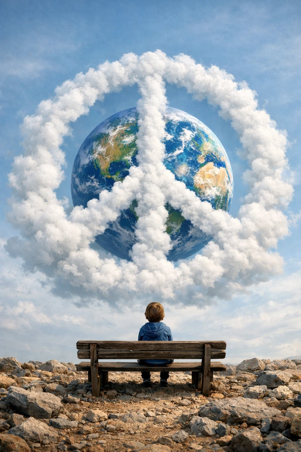 Child on bench gazing at Earth wrapped in cloud peace sign