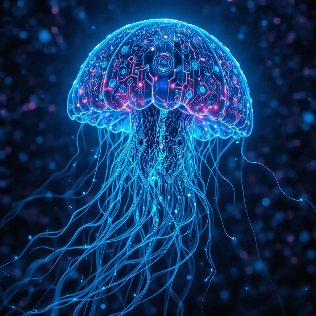 Celestial jellyfish woven with glowing electronic circuits