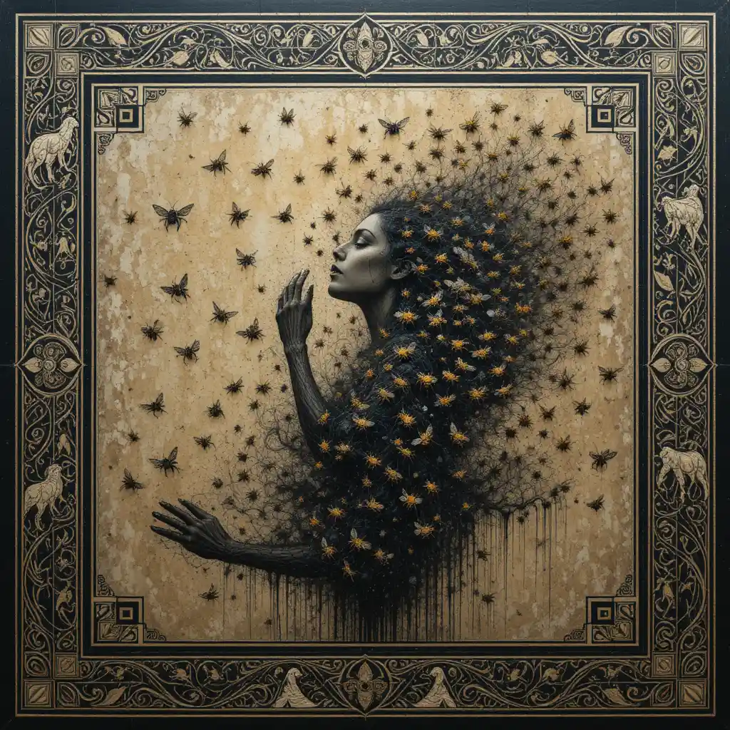Surreal woman dissolving into a swirling swarm of bees
