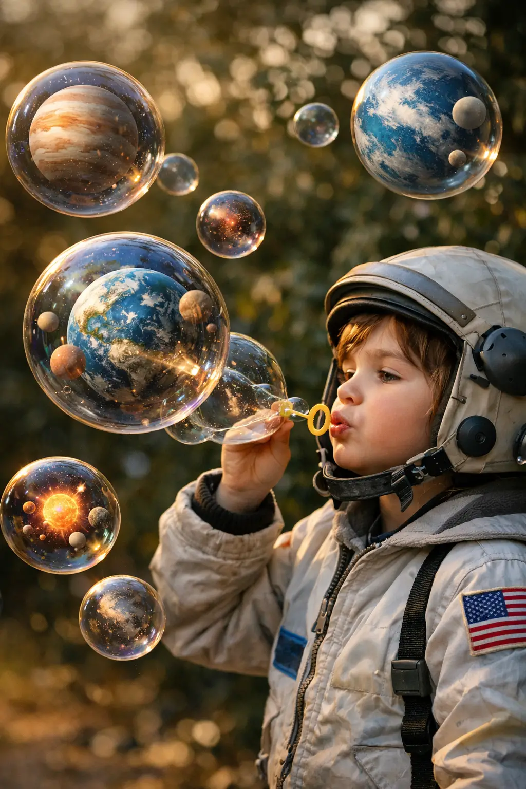 Child Blowing Cosmic Bubble Planets In Outer Space