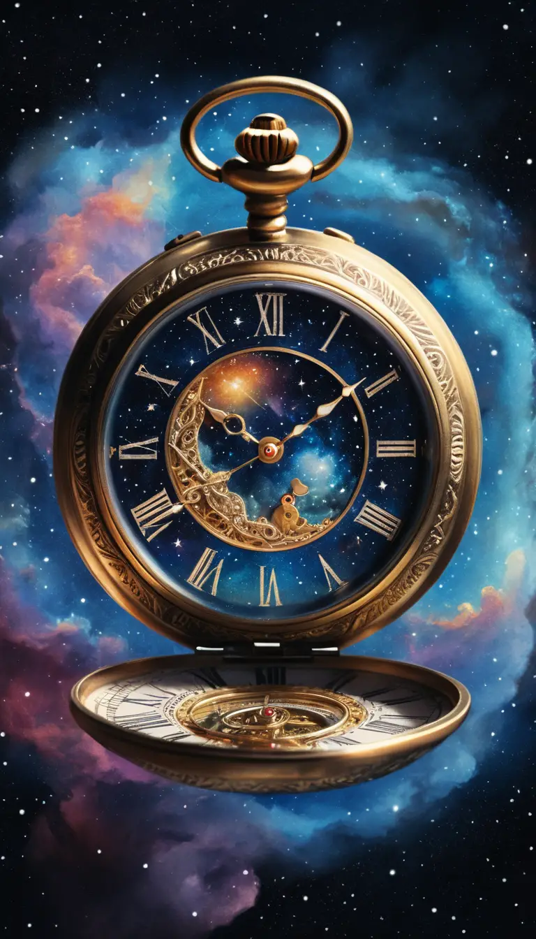 Viktorianische Taschenuhr, die in einer leuchtenden kosmischen Nebelwolke treibt