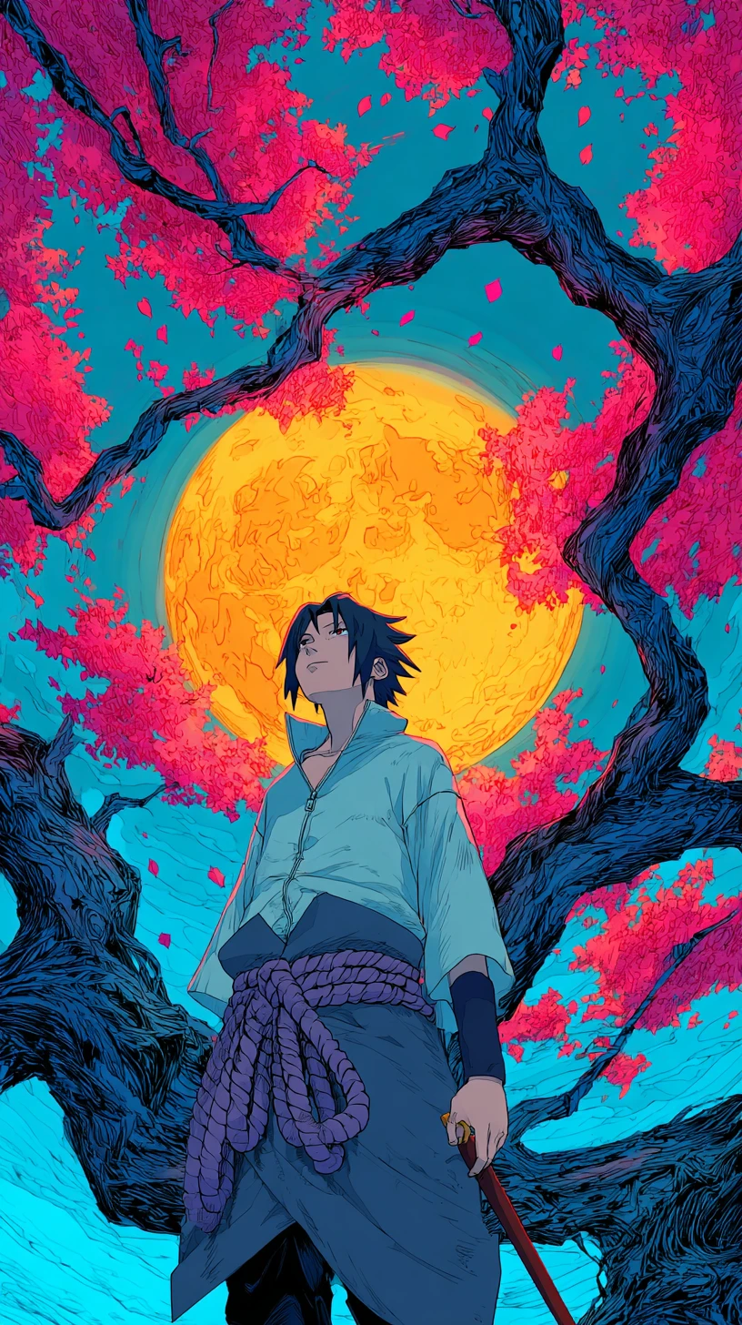 Anime swordsman under glowing moon and pink blossoms