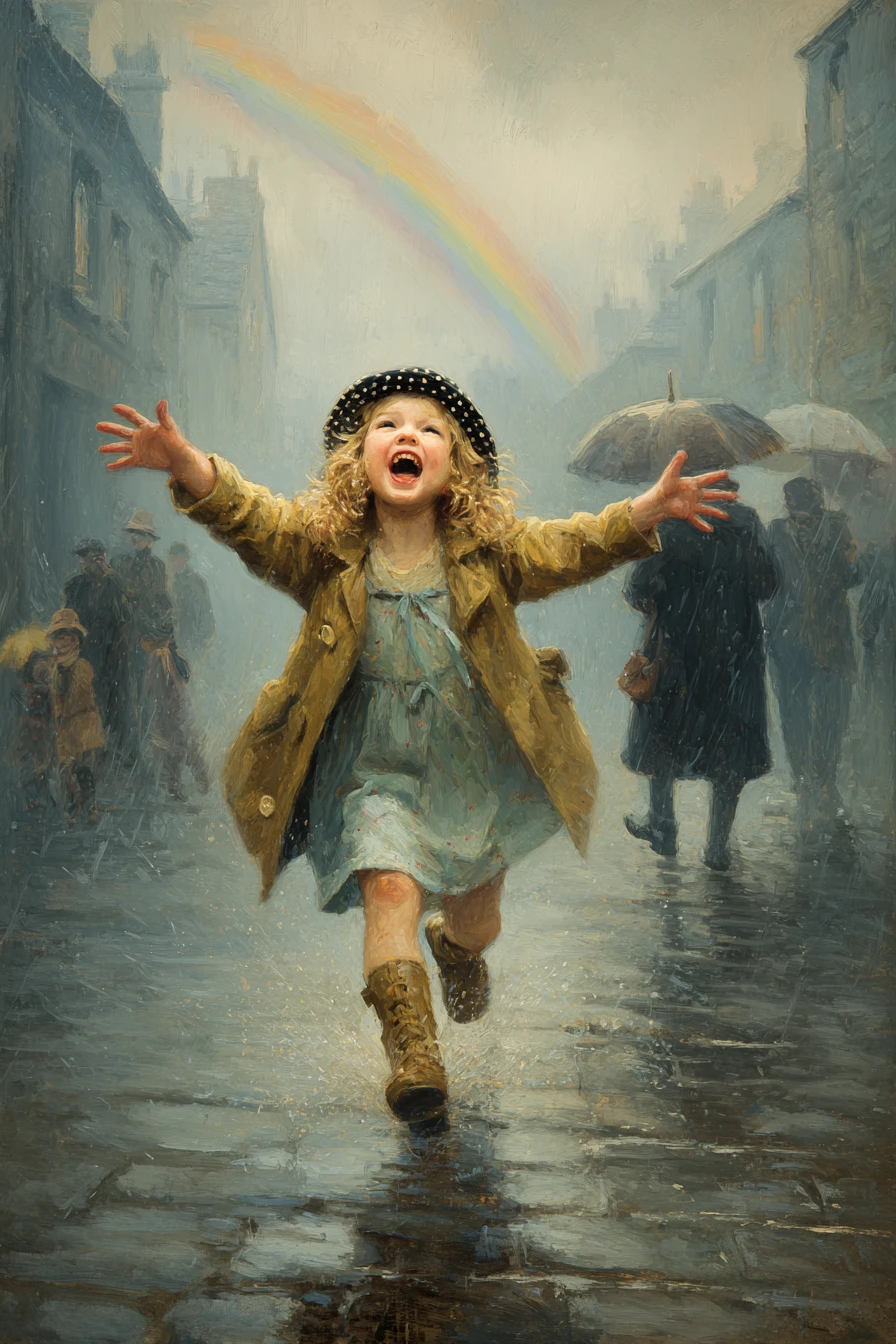 Alegre niña corre salpicando charcos en una calle lluviosa de la ciudad