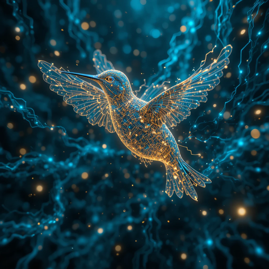 Bioluminescent hummingbird fused with glowing circuit pathways
