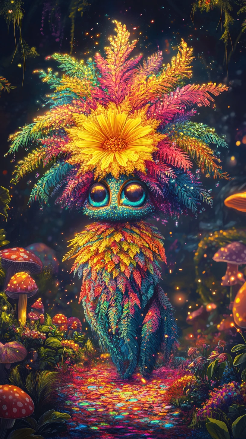 Joyful forest spirit on a glowing path among flowers