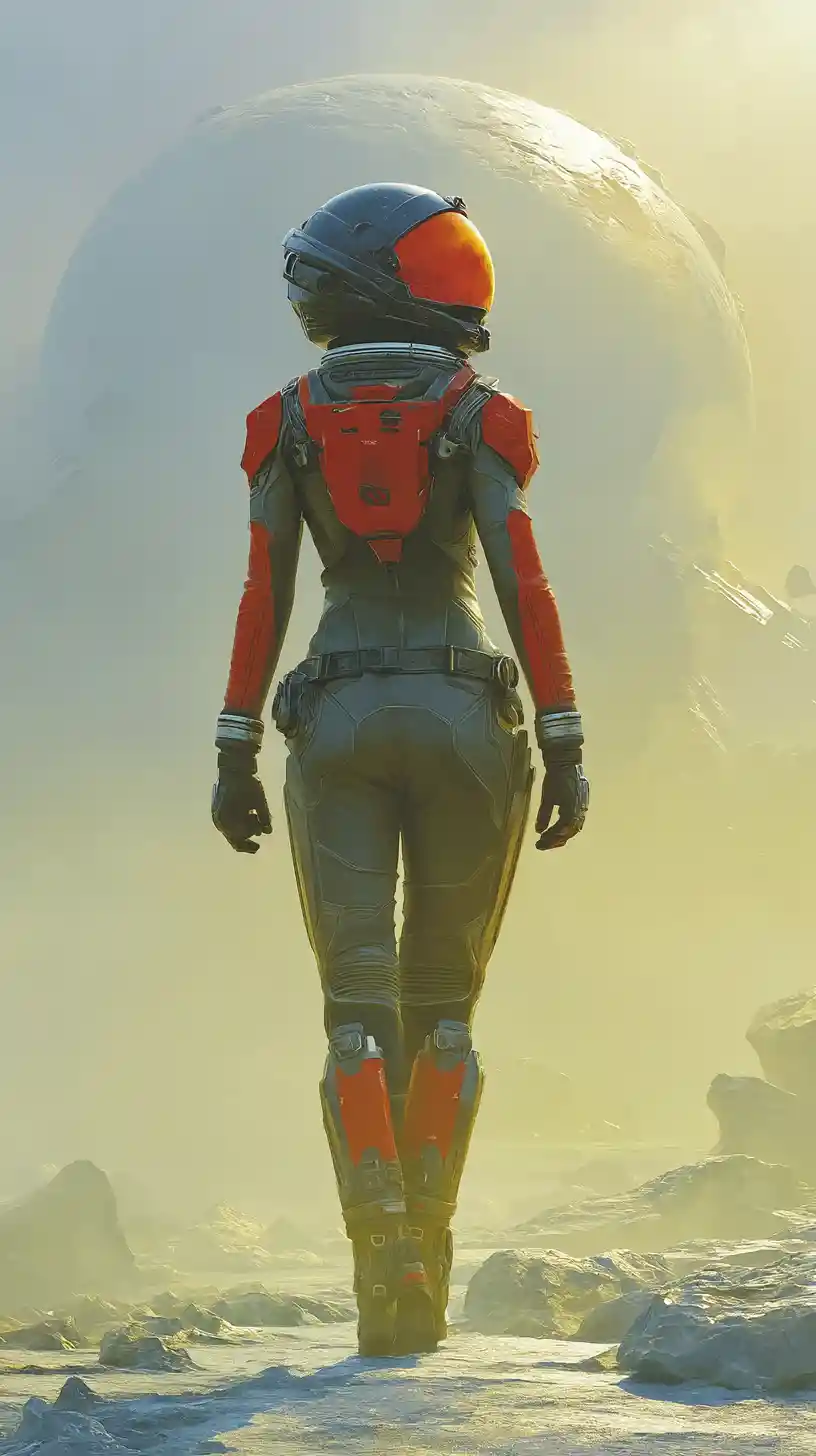 Sportliche Astronautin auf geheimnisvollem fremden Planeten