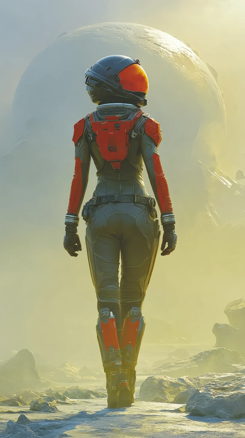 Astronauta femenina atlética de pie en un misterioso planeta alienígena