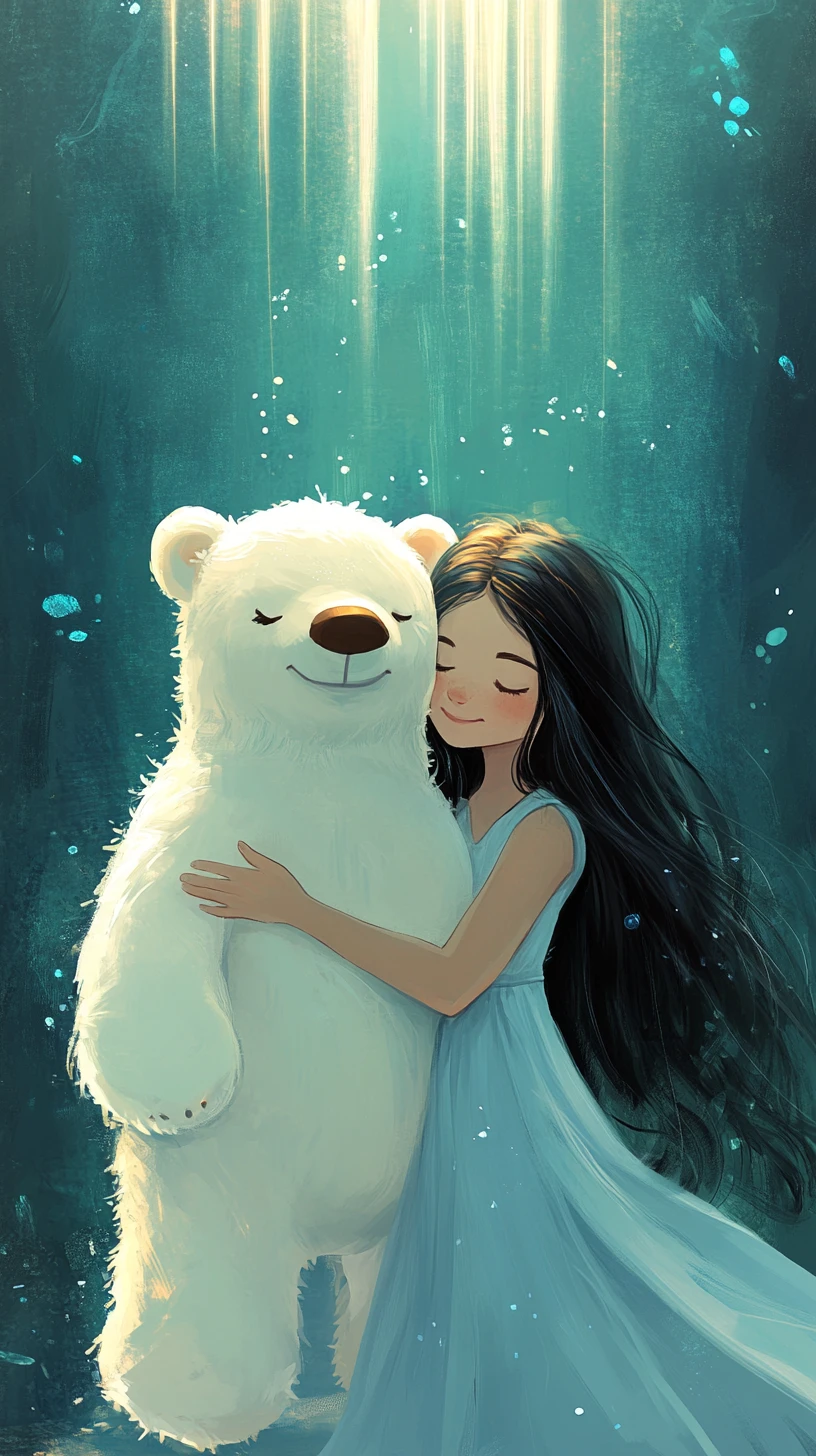 Niña abrazando a un oso polar blanco en una escena turquesa brillante