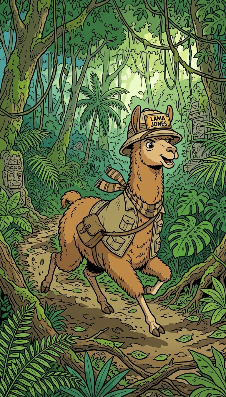 Ilustración de una llama aventurera corriendo por una jungla densa