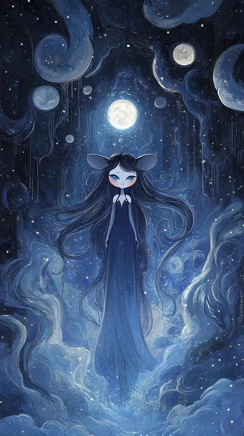 Serene gothic fantasy mouse under celestial moons and stars