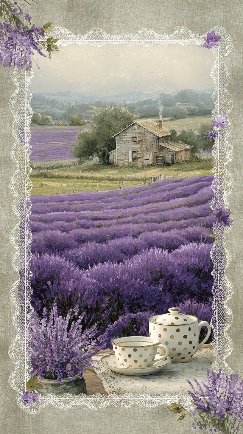 Lavender field and farmhouse framed with flowers and tea set