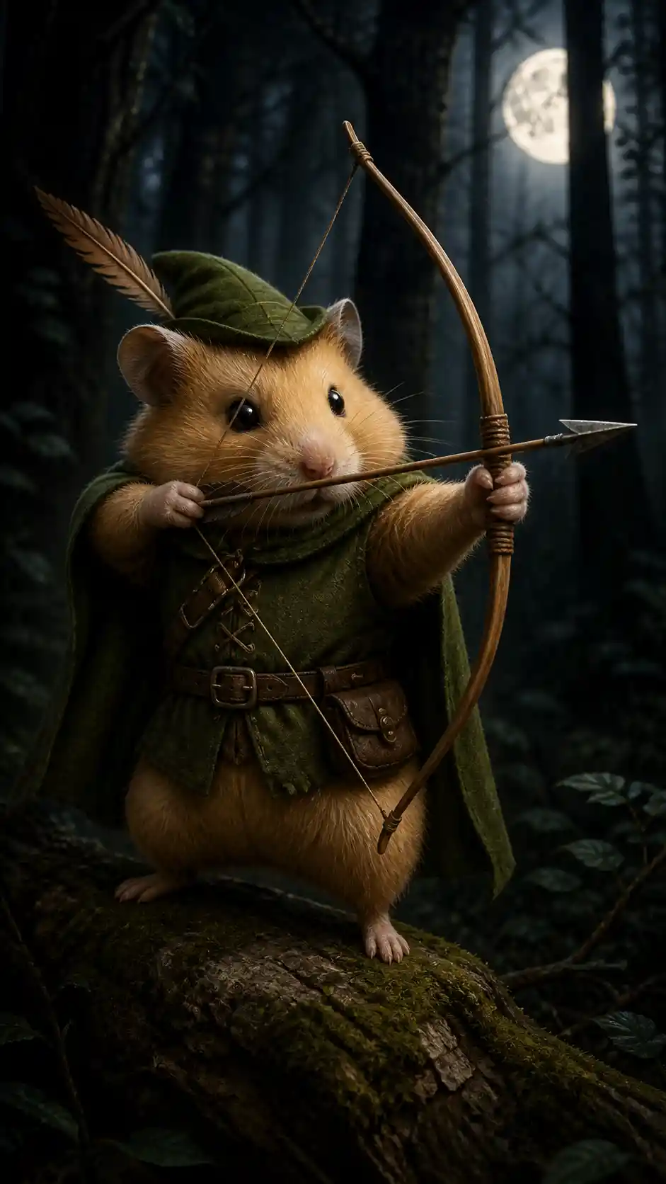 Golden hamster archer hunting with bow in dark forest