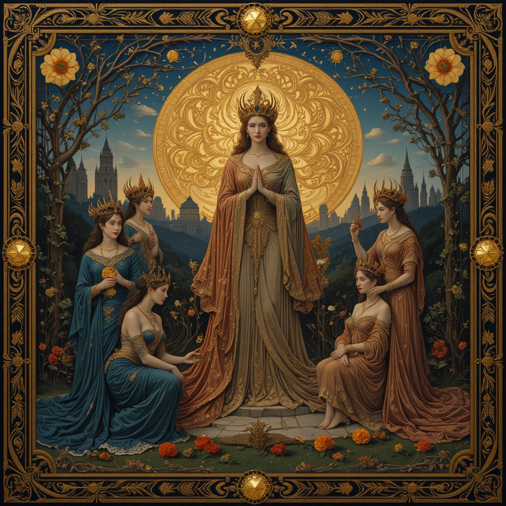 Symbolist painting of mythological figures in glowing twilight